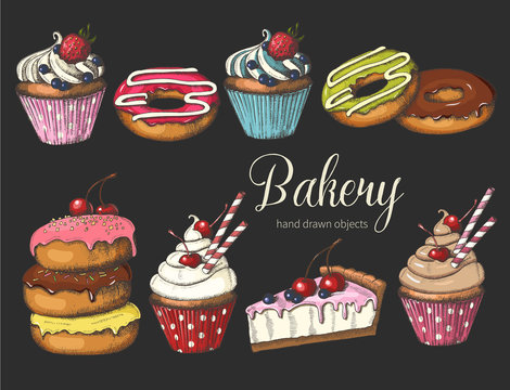 Set of sweet bakery on black. Hand drawn glazed donuts, cake and cupcakes. Desert for menu, advertising and banners. Sketch, lettering.
