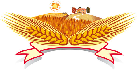 Cartouche with ears of corn in a landscape. © serghi8