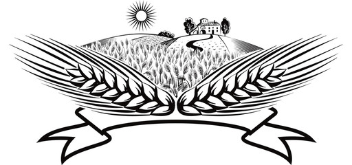 Cartouche with ears of corn in a landscape. © serghi8