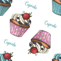 Sweet vector seamless background with hand drawn cupcakes. Print on fabric, pattern for web and advertising. Sketch. Lettering.