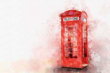 Digital painting of classic red telephone booth, watercolor style - obrazy, fototapety, plakaty