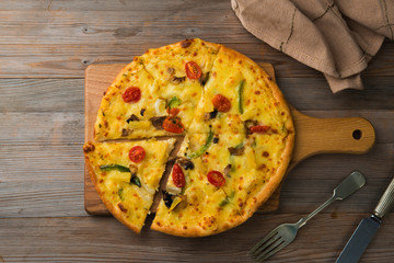 pizza flat lay top down view