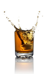 Splash in glass of scotch whiskey with ice