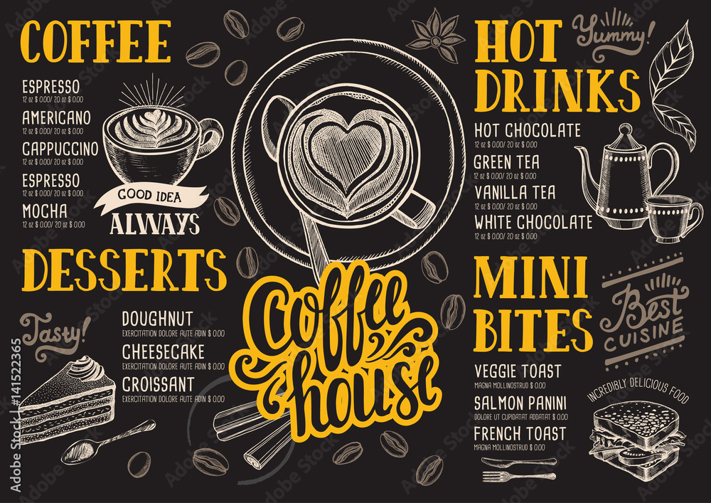 Wall mural Coffee menu restaurant, food template.