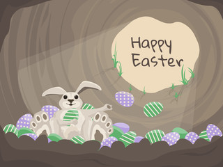 Happy Easter card. Vector background with rabbit and eggs. Happy bunny sitting in burrow with many colorful eggs. Illustration in flat style.