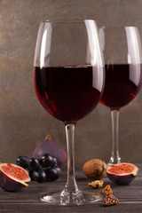 Glasses of red wine with grape. Wine and food still life