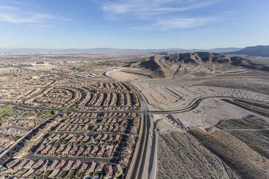 Aerial view of the expanding western edge of Las Vegas near Red Rock National Conservation Area.