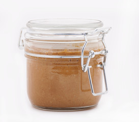 Homemade peanut butter in a glass jar