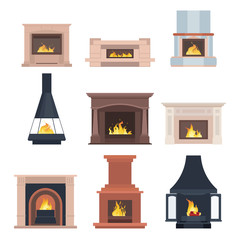 Collection of home different fireplaces to paste in the interior of the house phone or computer games. Vector illustration isolated on white background