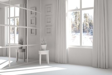 White empty room with winter landscape in window. Scandinavian interior design. 3D illustration