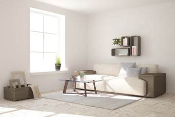 White modern room with sofa. Scandinavian interior design. 3D illustration