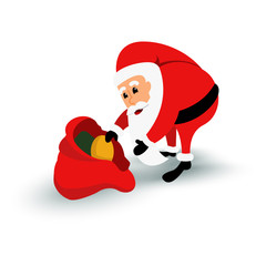 Christmas Santa Claus character with gift bag. Cartoon bearded man in festive costume. Vector xmas illustration