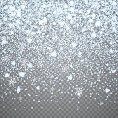 Isolated Christmas falling snow overlay on transparent background. Snowflakes storm layer. Snow pattern for design. Snowfall backdrop texture. Vector snow illustration eps10