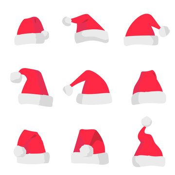 Red Santa Claus hats isolated on colorful background. Symbol of Christmas holiday. Vector santa hat set.