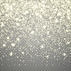 Isolated Christmas falling snow overlay on transparent background. Snowflakes storm layer. Snow pattern for design. Snowfall backdrop texture. Vector snow illustration eps10
