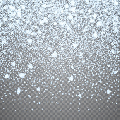 Isolated Christmas falling snow overlay on transparent background. Snowflakes storm layer. Snow pattern for design. Snowfall backdrop texture. Vector snow illustration eps10