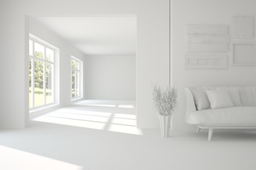 White room with sofa and green landscape in window. Scandinavian interior design. 3D illustration