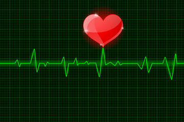 Electrocardiogram sign. Green waves with red heart symbol