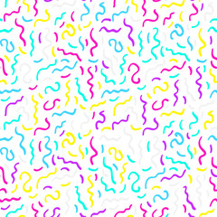Abstract geometric pattern. Bright neon colors. Memphis style pattern. Seamless vector pattern. Vector illustration. Doodle pattern.