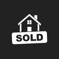 House with sold sign. Flat vector illustration on black background