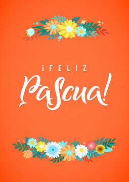 Happy Easter Spanish Calligraphy Greeting Card. Modern Brush Lettering and Floral Wreaths. Joyful wishes, holiday greetings