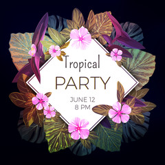 Fototapeta premium Summer tropical vector background with exotic palm leaves and pink flowers. Jungle floral party flyer template