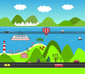 Cartoon vector map. Flat Design Nature Scene. Sea Landscape with mountains, beach, and road.