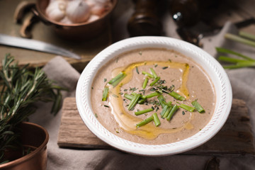 Mushroom soup puree in a ceramic bowl