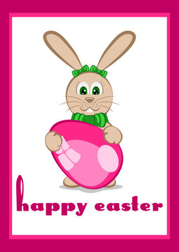 Holiday card for Easter with little easter bunny holding painted pink egg on white background with pink frame. Vector illustration