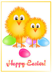 Holiday card for Easter with colorful painted eggs and two little yellow chickens on white background with yellow frame. Vector illustration