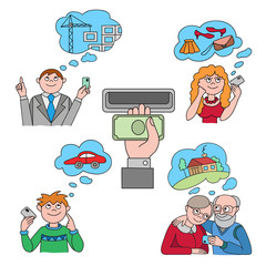 People with credit card dreaming about purchases. Banking set concept illustration.