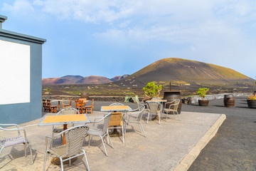 Terrace of restaurant in wine region of La Geria, Lanzarote, Canary Islands, Spain