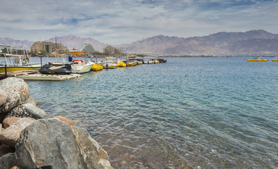Public stone beach in Eilat - famous resort and recreation city in Israel