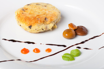 Potato cutlet serving by strokes of different sauces