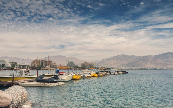 Public beach in Eilat - famous resort and recreation city in Israel