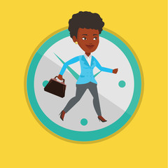 Business woman running on clock background.
