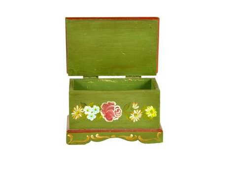 open lid wooden box with hand hand painted folk art decoration