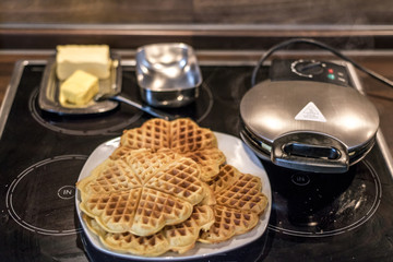 Baking Homemade waffles cooked in a waffle iron