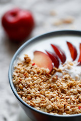 Top view of a blue bowl with breakfast with oat flakes, yogurt and pieces of red plum. Close-up. Selected focus.