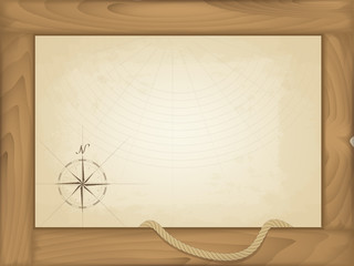 vector photo frame made of wood. isolated on a white background. rope. old map with compass