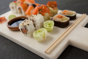 Assorted sushi set served with soy sauce 