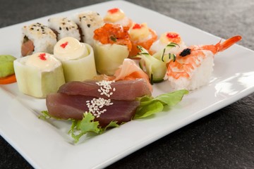 Set of assorted sushi served in a white plate