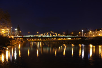 Fototapeta na wymiar Long bridge in Ceske Budejovice in night scene. Long exposure