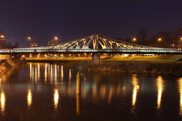 Long bridge in Ceske Budejovice in night scene. Long exposure. Close up photo