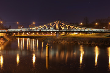 Fototapeta na wymiar Long bridge in Ceske Budejovice in night scene. Long exposure. Close up photo