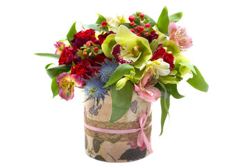 Flower arrangement with orchids on a white background