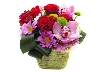 
Flower arrangement in a pot, basket, on a white background
