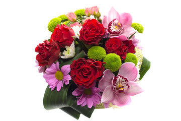 Flower arrangement of roses and orchids on a white background.