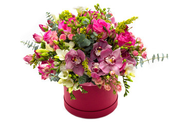 Flower Arrangement in a Red Hat Box with Roses, Orchids and Eucalyptus