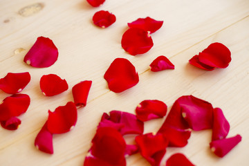 Red rose petals on a wooden background